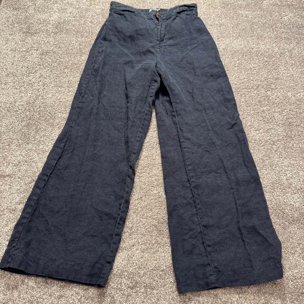 Faherty Pants Women S Blue 100% Linen Wide Leg Coastal Beachy Boho Trouser 26x26